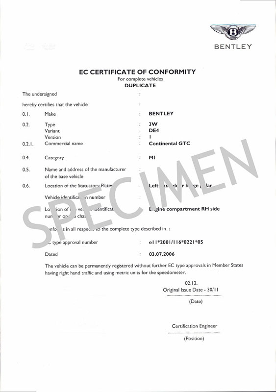 Certificado de Conformidad Europeo Bentley - COC Bentley 