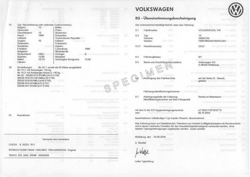 CERTIFICADO DE CONFORMIDAD VOLKSWAGEN VW COC