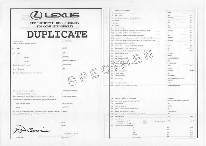 Certificado de Conformidad Lexus (COC) - Certificado de 