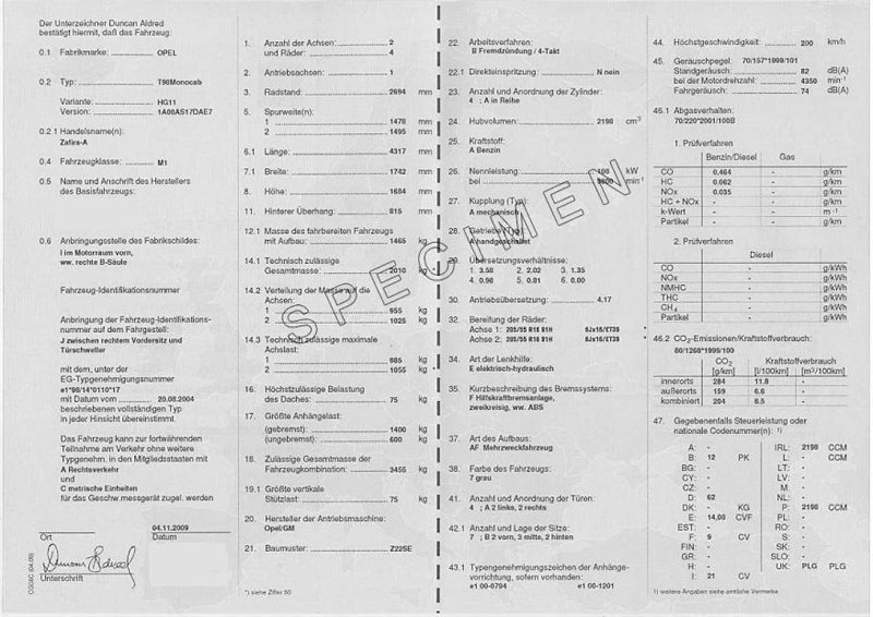 Certificado de Conformidad Opel (COC) - Certificado de 