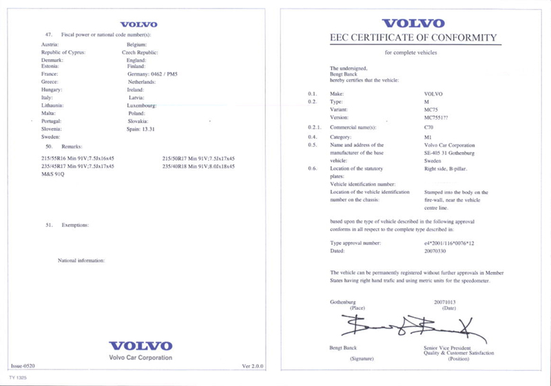 Certificado de Conformidad Volvo (COC) - Certificado de 