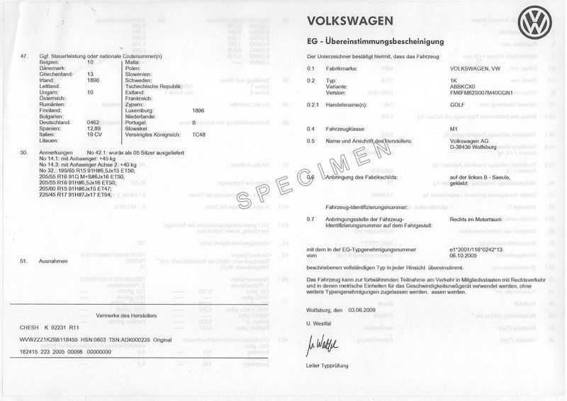 Certificado de Conformidad Europeo Volkswagen - COC 